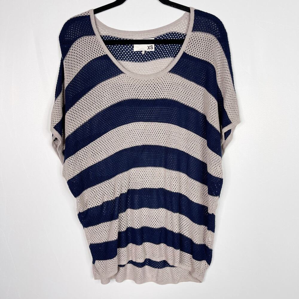 Rag & Bone Womens XSmall Cream Blue Bold Stripe Open Knit Sweater Short Sleeve